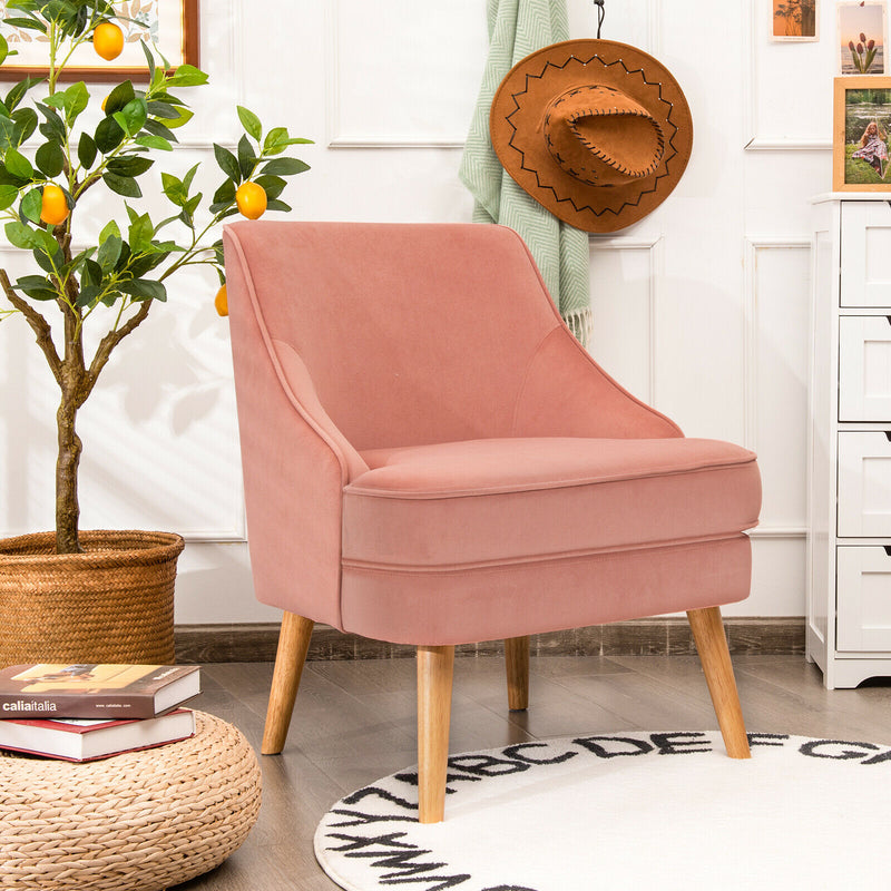 Accent Chair Velvet Upholstered Single Sofa with Rubber Wood Legs Pink