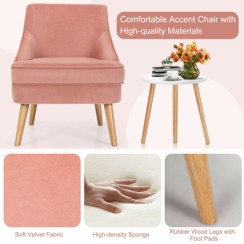 Accent Chair Velvet Upholstered Single Sofa with Rubber Wood Legs Pink