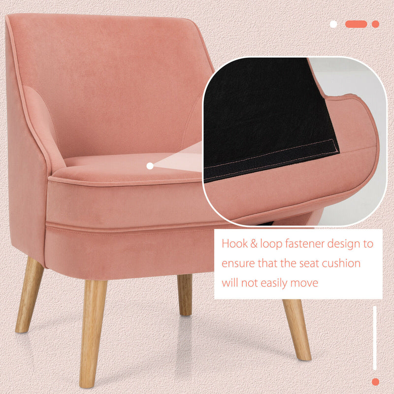 Accent Chair Velvet Upholstered Single Sofa with Rubber Wood Legs Pink