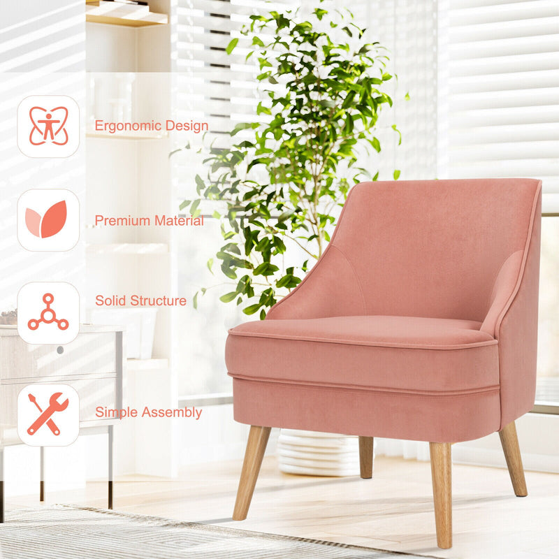 Accent Chair Velvet Upholstered Single Sofa with Rubber Wood Legs Pink