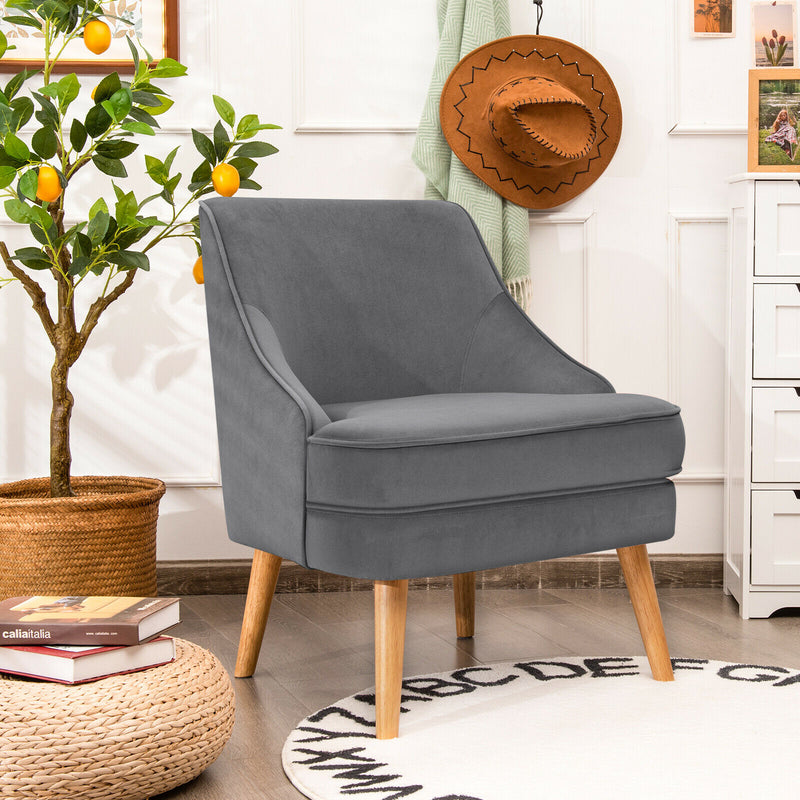 Accent Chair Velvet Upholstered Single Sofa with Rubber Wood Legs Grey