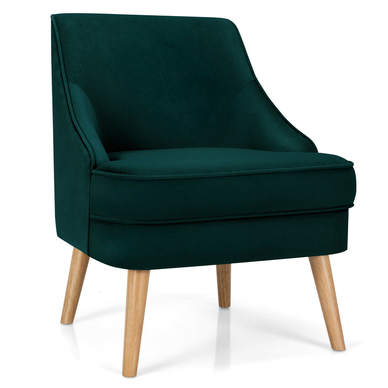 Accent Chair Velvet Upholstered Single Sofa with Rubber Wood Legs Green