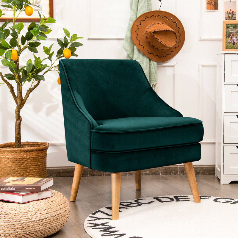 Accent Chair Velvet Upholstered Single Sofa with Rubber Wood Legs Green