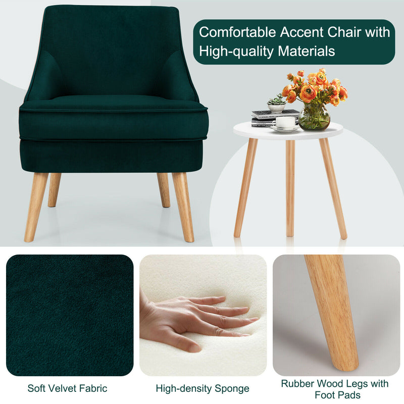 Accent Chair Velvet Upholstered Single Sofa with Rubber Wood Legs Green