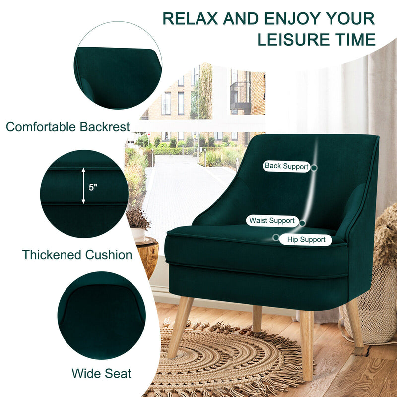 Accent Chair Velvet Upholstered Single Sofa with Rubber Wood Legs Green