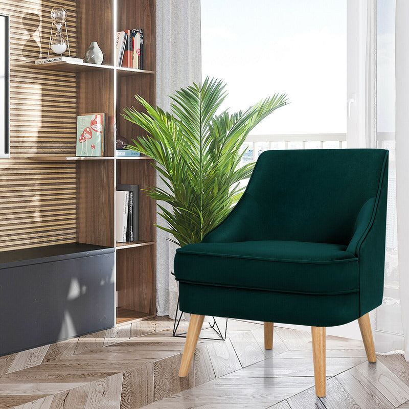 Accent Chair Velvet Upholstered Single Sofa with Rubber Wood Legs Green