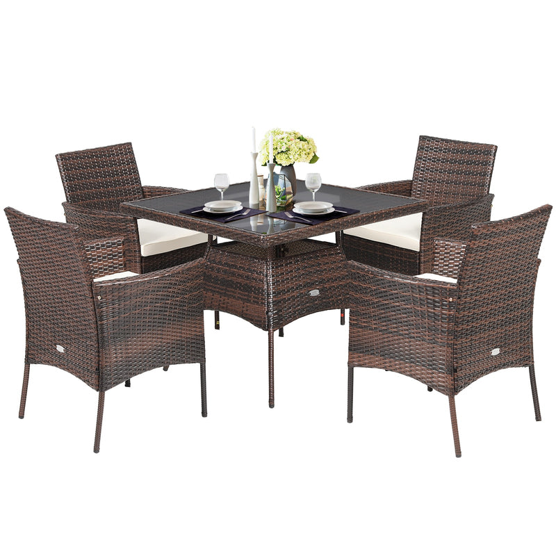 5PCS Patio Rattan Dining Furniture Set Armrest Sofa Chair Glass Table