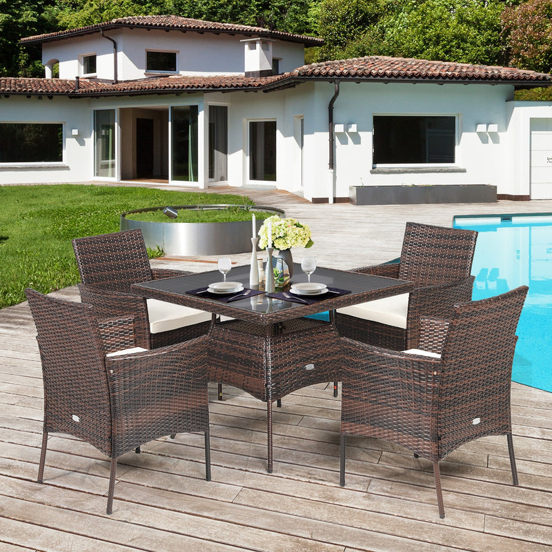 5PCS Patio Rattan Dining Furniture Set Armrest Sofa Chair Glass Table