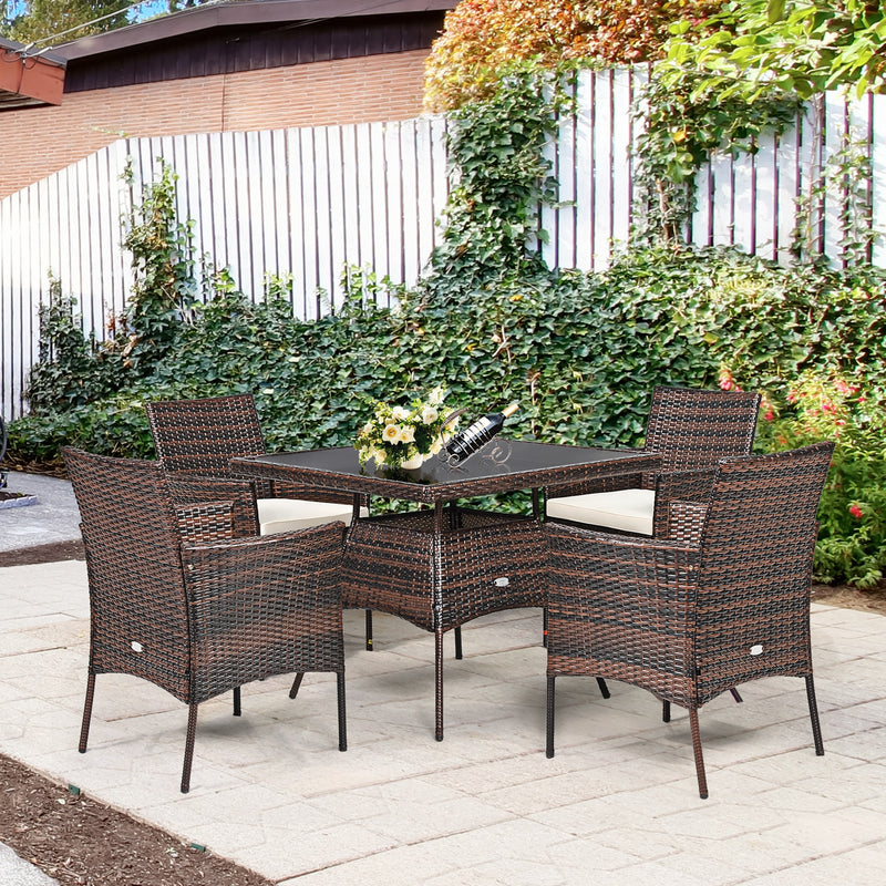 5PCS Patio Rattan Dining Furniture Set Armrest Sofa Chair Glass Table