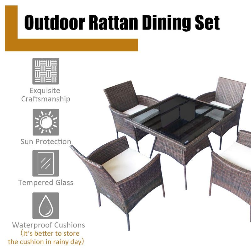 5PCS Patio Rattan Dining Furniture Set Armrest Sofa Chair Glass Table