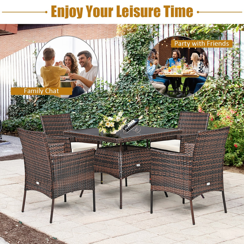 5PCS Patio Rattan Dining Furniture Set Armrest Sofa Chair Glass Table