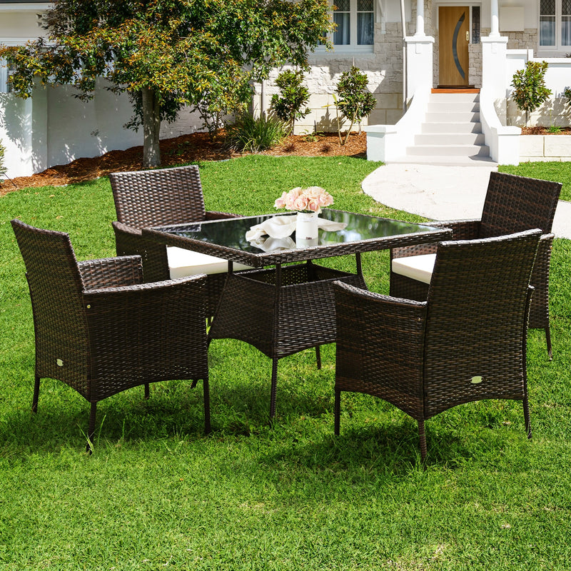 5PCS Patio Rattan Dining Furniture Set Armrest Sofa Chair Glass Table