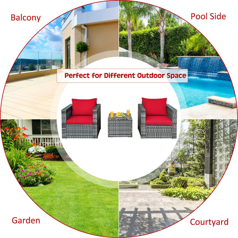3 PC Patio Rattan Furniture Bistro Set Cushioned Sofa Chair Table Red