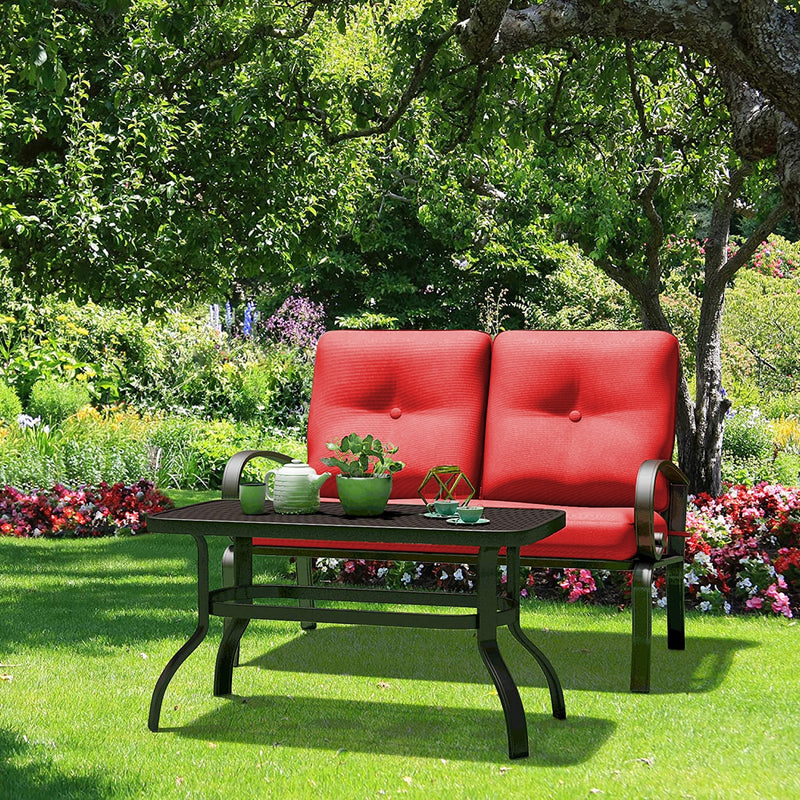 2 PCS Patio LoveSeat Coffee Table Furniture Set Bench W/ Cushions Red