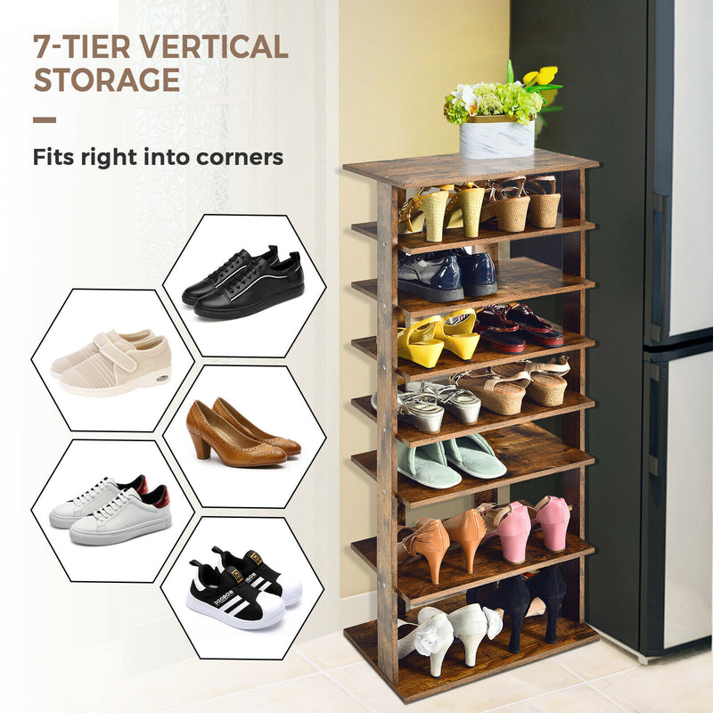 7-Tier Double Shoe Rack Free Standing Shelf Storage Tower Rustic Brown