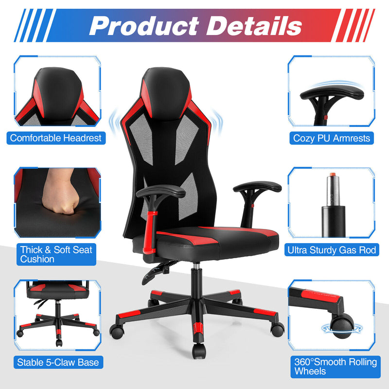 Gaming Chair Swivel Computer Office Chair w/ Adjustable Mesh Back Red