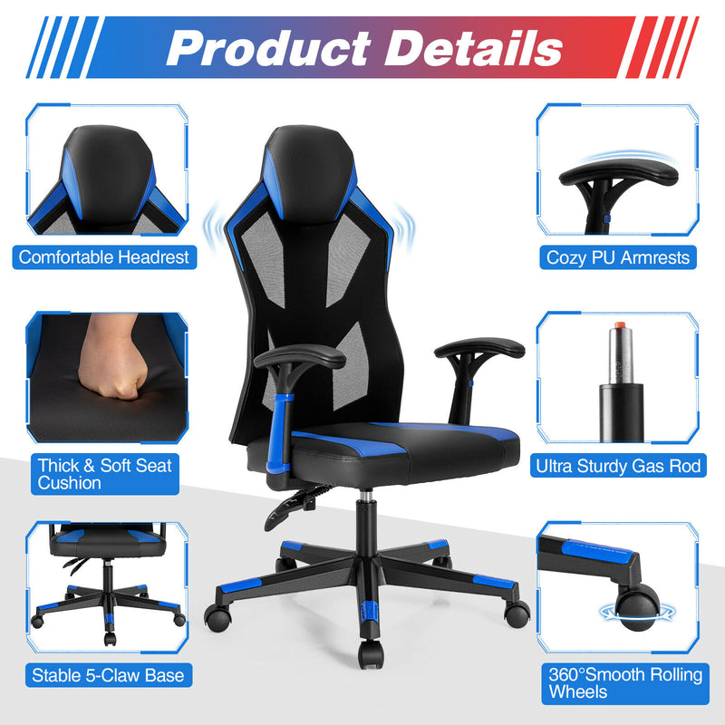 Gaming Chair Swivel Computer Office Chair w/ Adjustable Mesh Back Blue