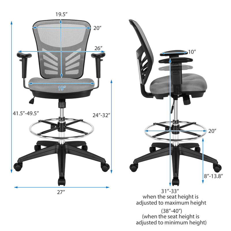 Mesh Drafting Chair Office Chair w/Adjustable Armrests & Foot-Ring Grey