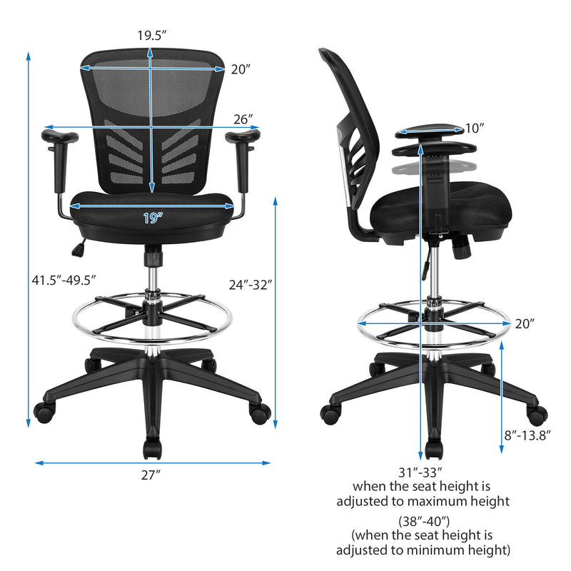 Mesh Drafting Chair Office Chair w/Adjustable Armrests & Foot-Ring Black