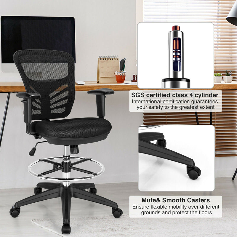 Mesh Drafting Chair Office Chair w/Adjustable Armrests & Foot-Ring Black
