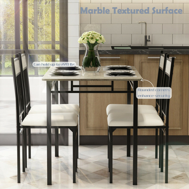 5 Piece Dining Set Faux Marble Top Table and 4 Padded Seat Chairs w/ Metal Legs