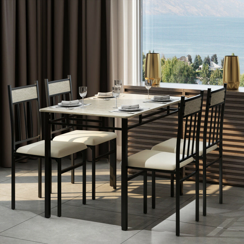5 Piece Dining Set Faux Marble Top Table and 4 Padded Seat Chairs w/ Metal Legs