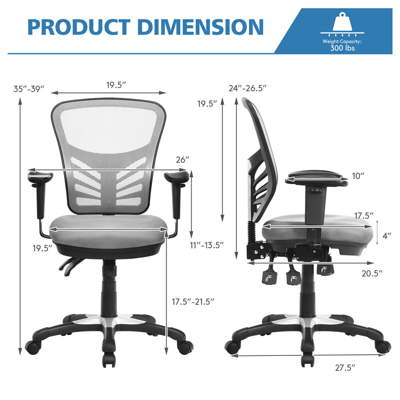 Mesh Office Chair 3-Paddle Computer Desk Chair w/ Adjustablfe Seat Grey