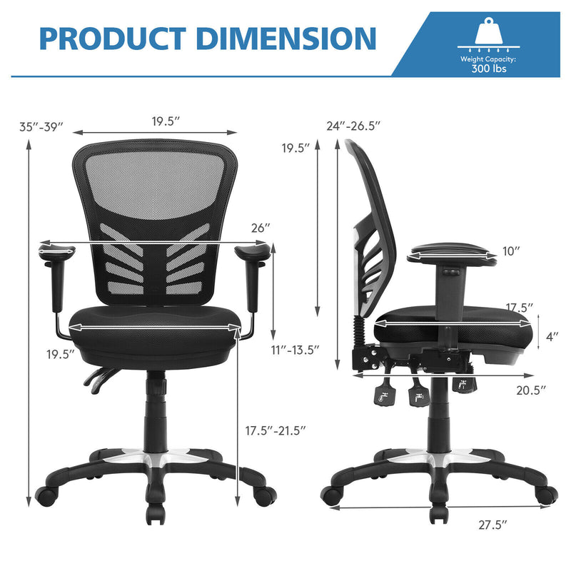 Mesh Office Chair 3-Paddle Computer Desk Chair w/ Adjustable Seat Black