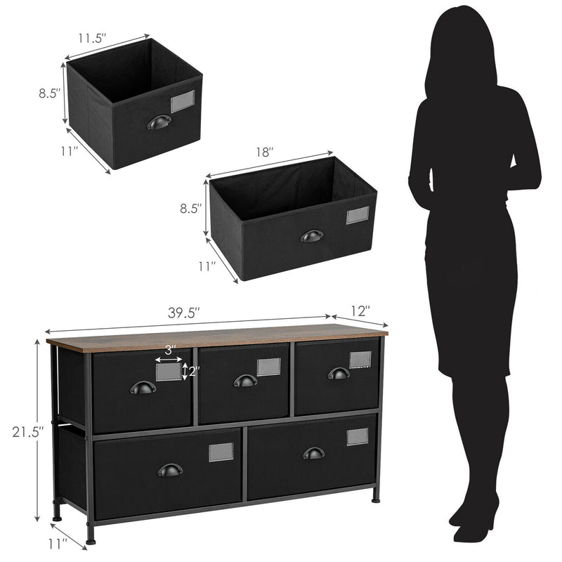 5-Drawer Dresser Storage Organizer Chest Fabric Drawer w/Labels Black