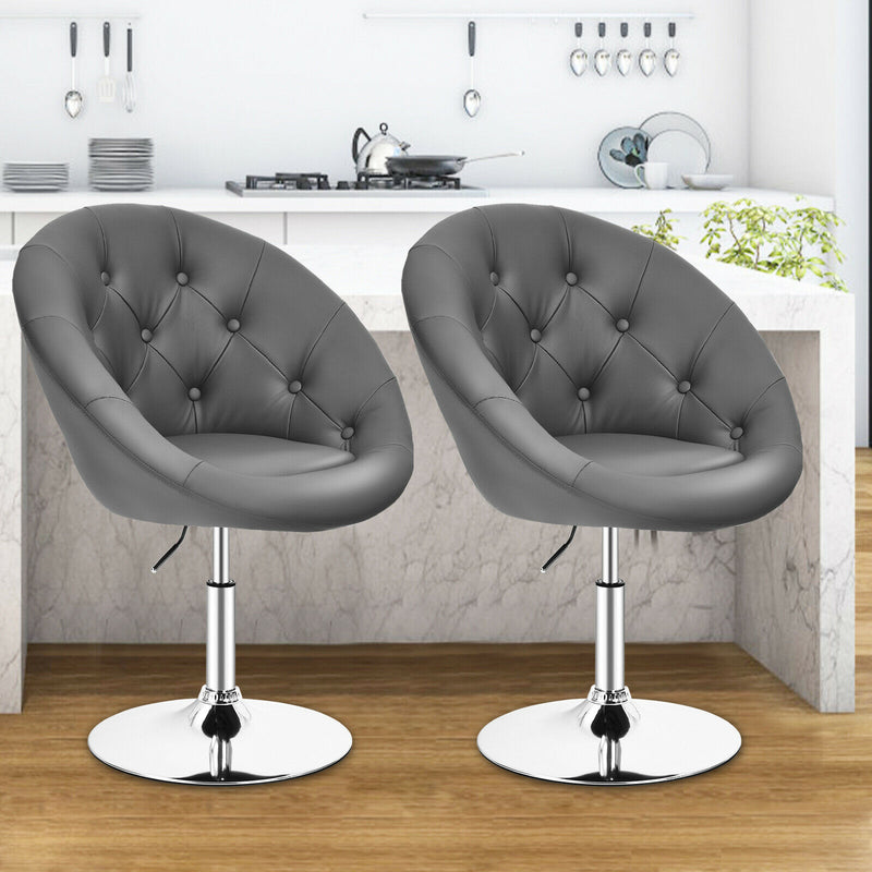 Set of 2 Bar Stools Swivel Vanity Accent Chairs w/Round Tufted Back Grey