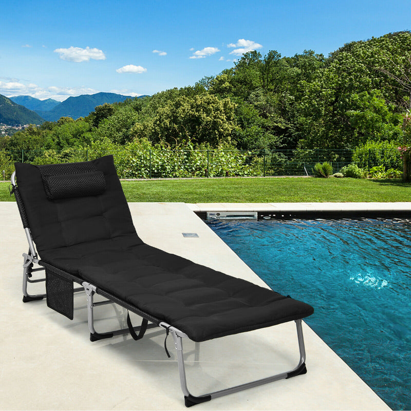 4-Fold Oversize Padded Folding Chaise Lounge Chair Reclining Chair Black