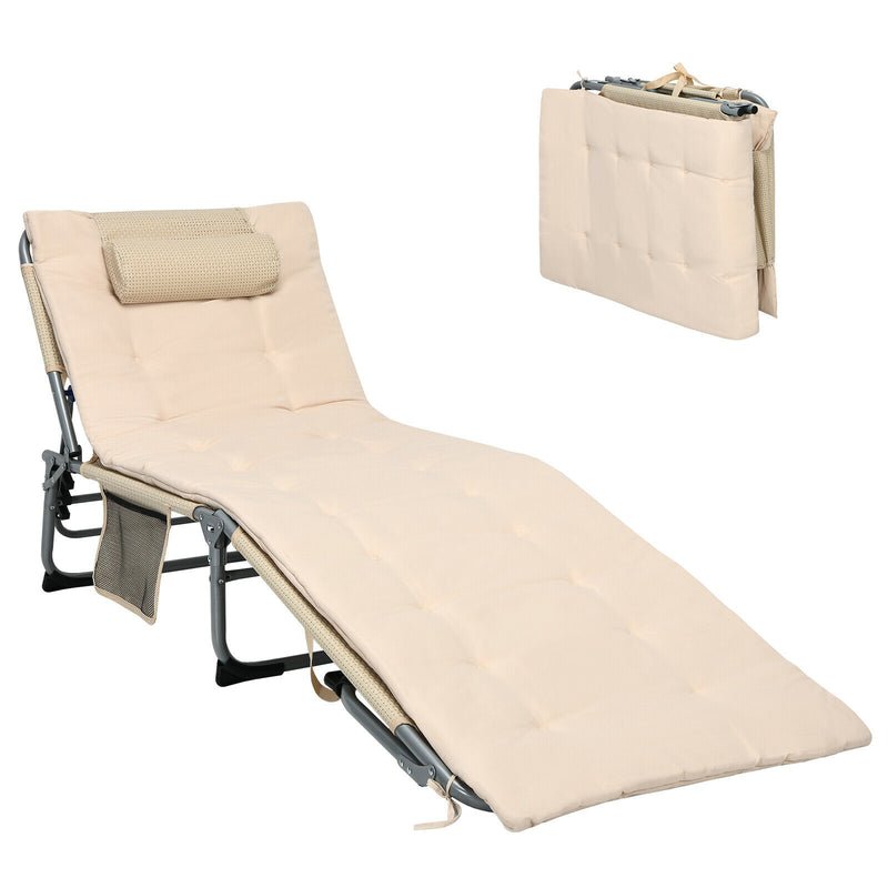 4-Fold Oversize Padded Folding Chaise Lounge Chair Reclining Chair Beige