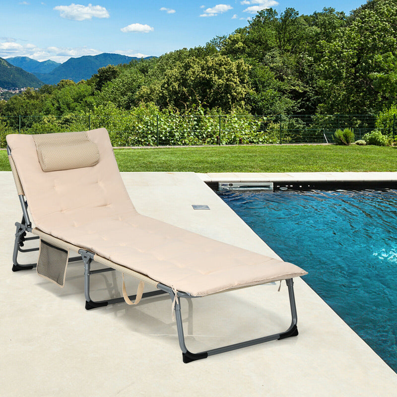 4-Fold Oversize Padded Folding Chaise Lounge Chair Reclining Chair Beige