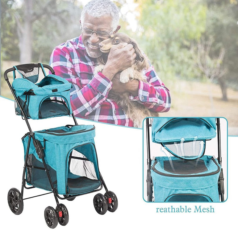 Folding Dog Stroller Travel Cage Stroller for Pet Cat Kitten Puppy Carriages Large 4 Wheels