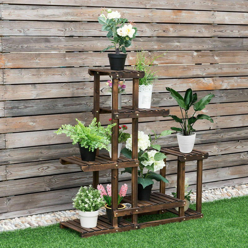 Home Garden Wooden Plant Display Rack Flowers Free Stand 6 Tier 10 Pots Shelf