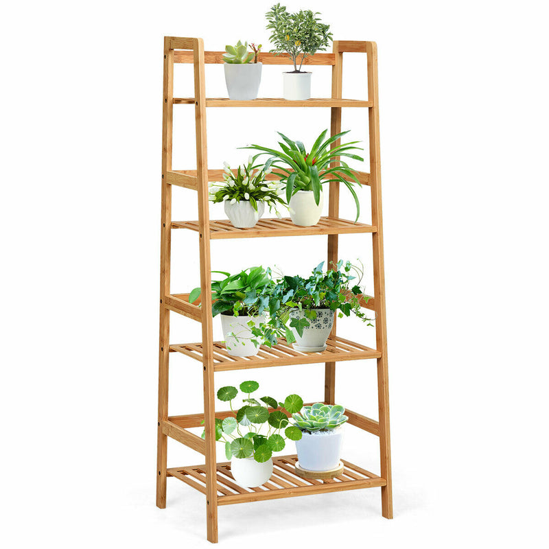 4-Tier Bamboo Ladder Shelf Plant Display Stand Rack Bookshelf Natural