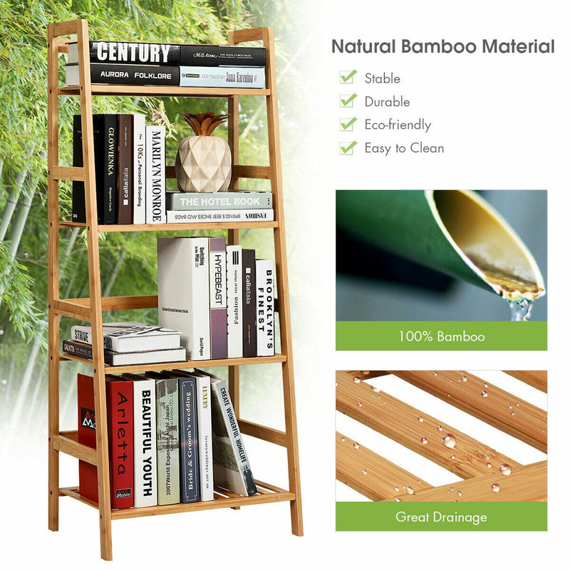 4-Tier Bamboo Ladder Shelf Plant Display Stand Rack Bookshelf Natural