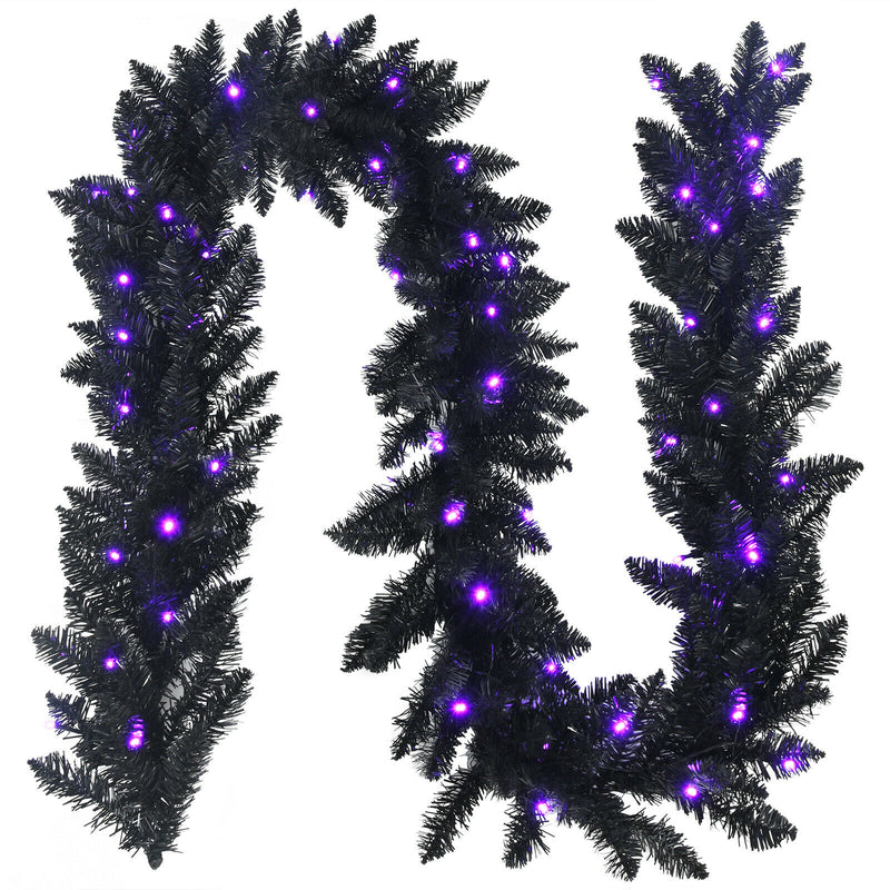 9ft Pre-lit Christmas Halloween Garland Black w/ 50 Purple LED Lights