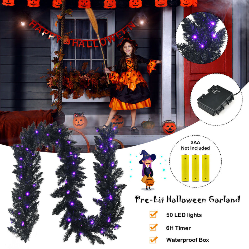 9ft Pre-lit Christmas Halloween Garland Black w/ 50 Purple LED Lights
