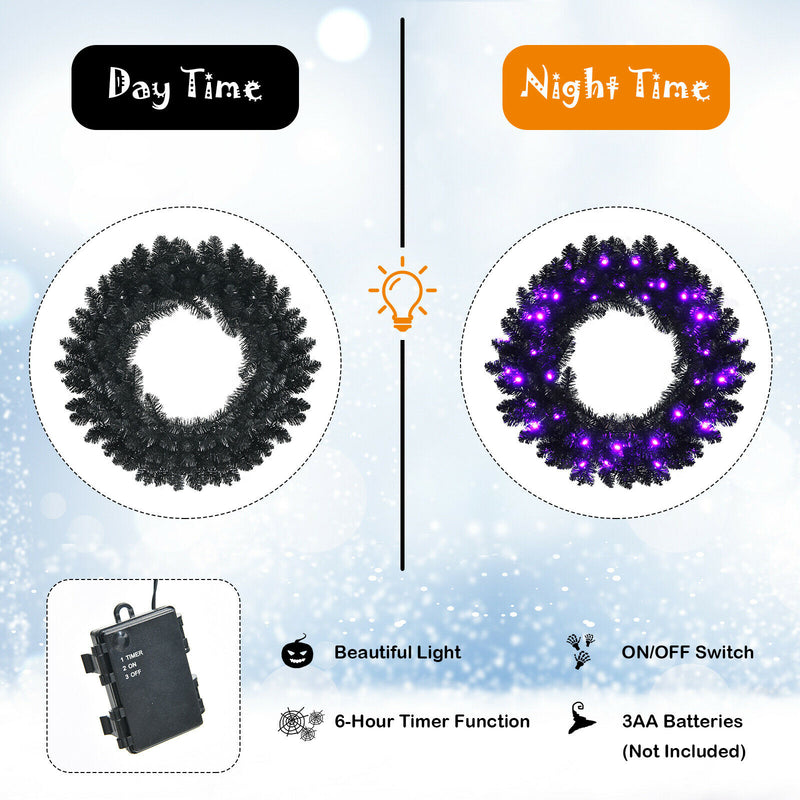 24inch Pre-lit Christmas Halloween Wreath Black w/ 35 Purple LED Lights