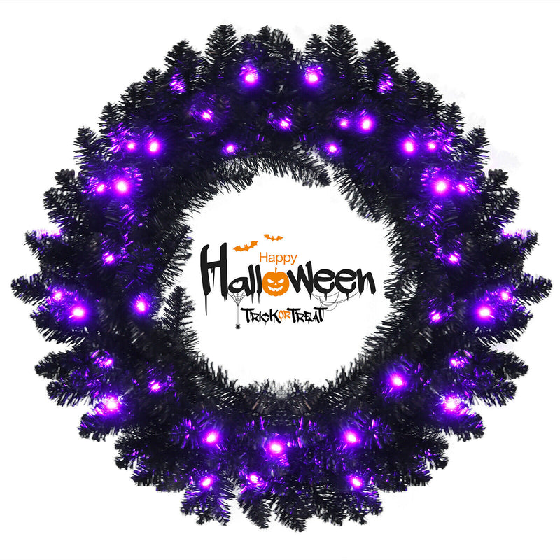 24inch Pre-lit Christmas Halloween Wreath Black w/ 35 Purple LED Lights