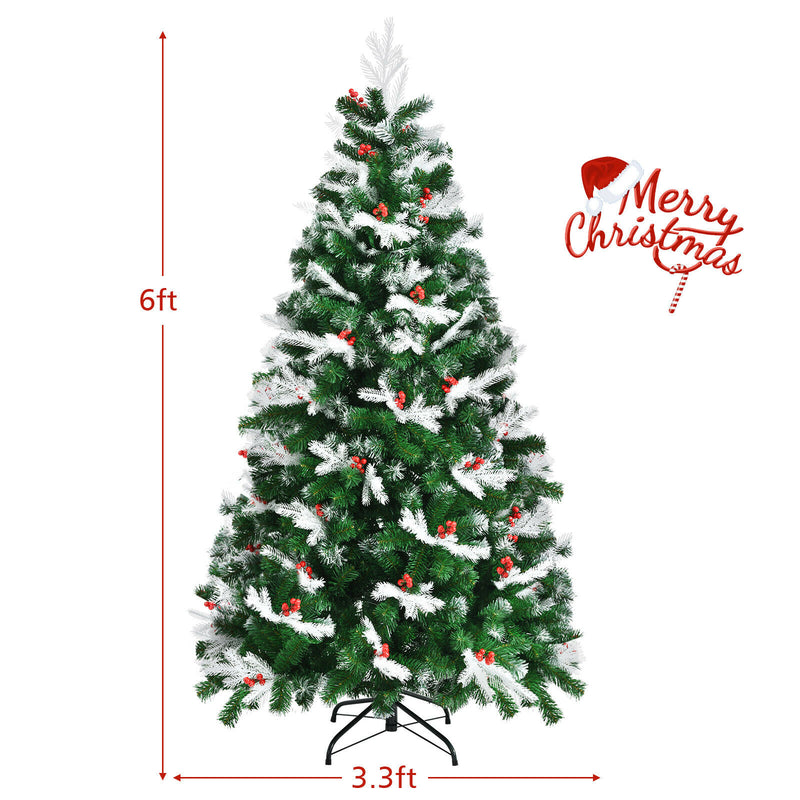 6ft Unlit Snowy Hinged Christmas Tree w/ 818 Mixed Tips & Red Berries