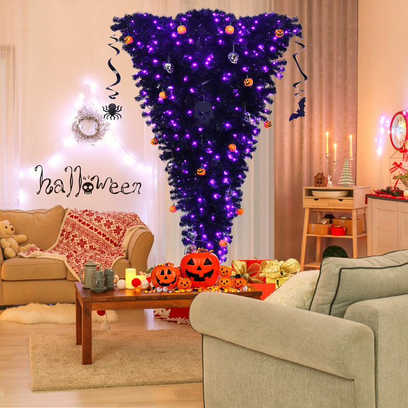 7ft Upside Down Christmas Halloween Tree Black w/40fur0 Purple LED Lights