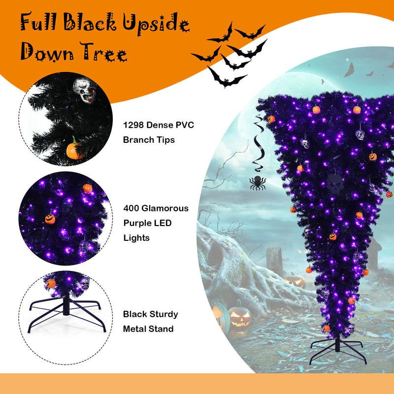 7ft Upside Down Christmas Halloween Tree Black w/40fur0 Purple LED Lights