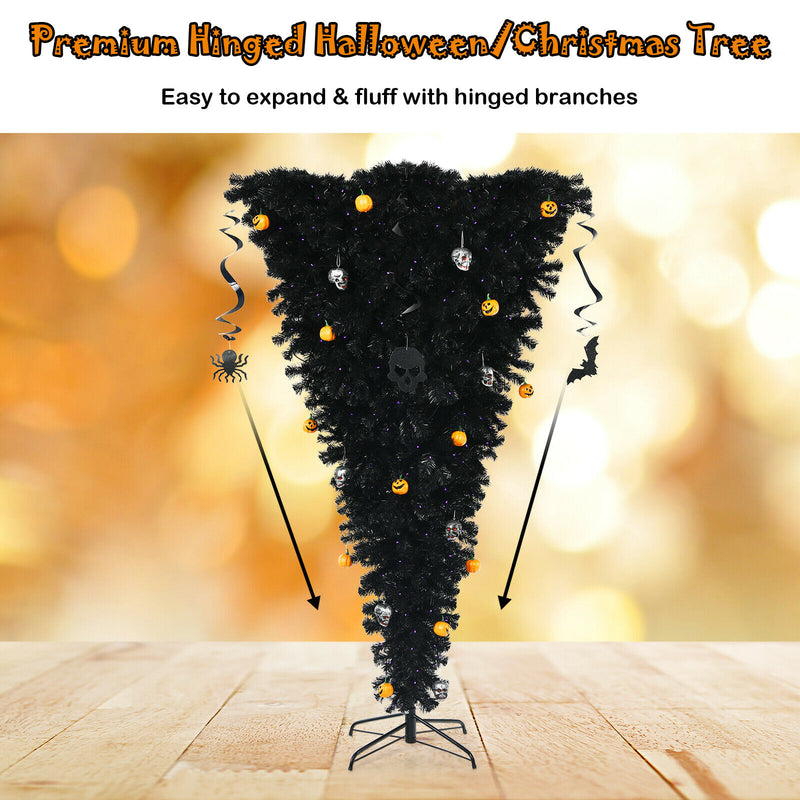 7ft Upside Down Christmas Halloween Tree Black w/40fur0 Purple LED Lights