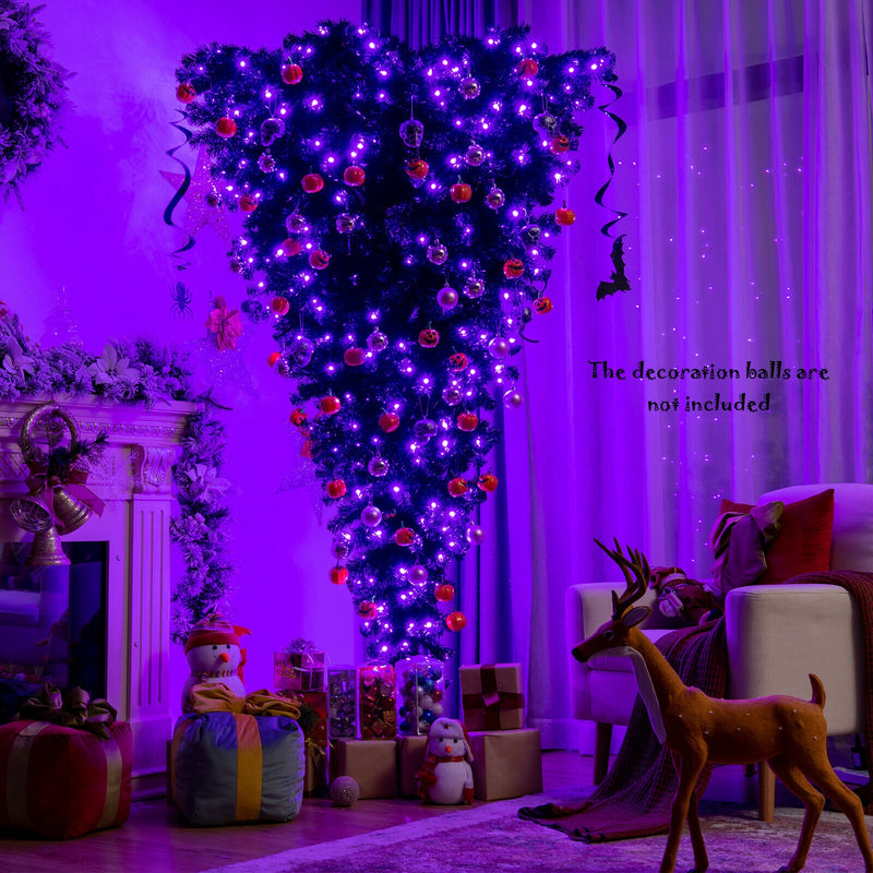 7ft Upside Down Christmas Halloween Tree Black w/40fur0 Purple LED Lights