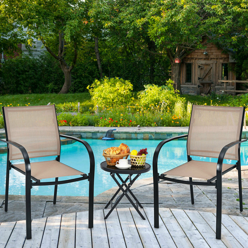 Set of 2 Patio Dining Chairs Stackable with Armrests Garden Deck Brown