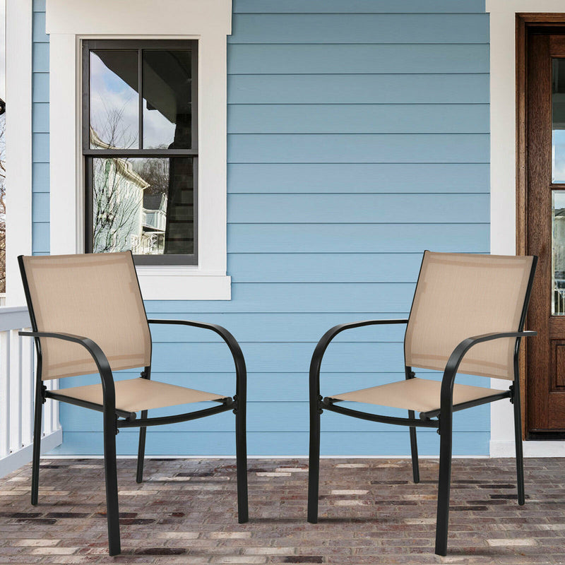 Set of 2 Patio Dining Chairs Stackable with Armrests Garden Deck Brown