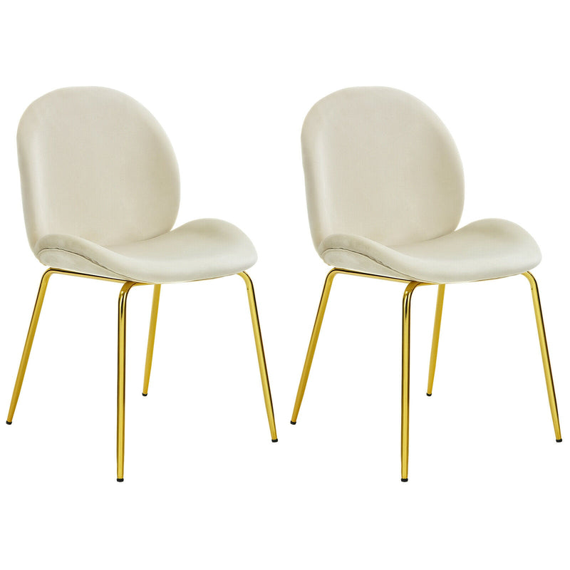 Set of 2 Velvet Accent Chairs Dining Side Chairs w/Gold Metal Legs Beige