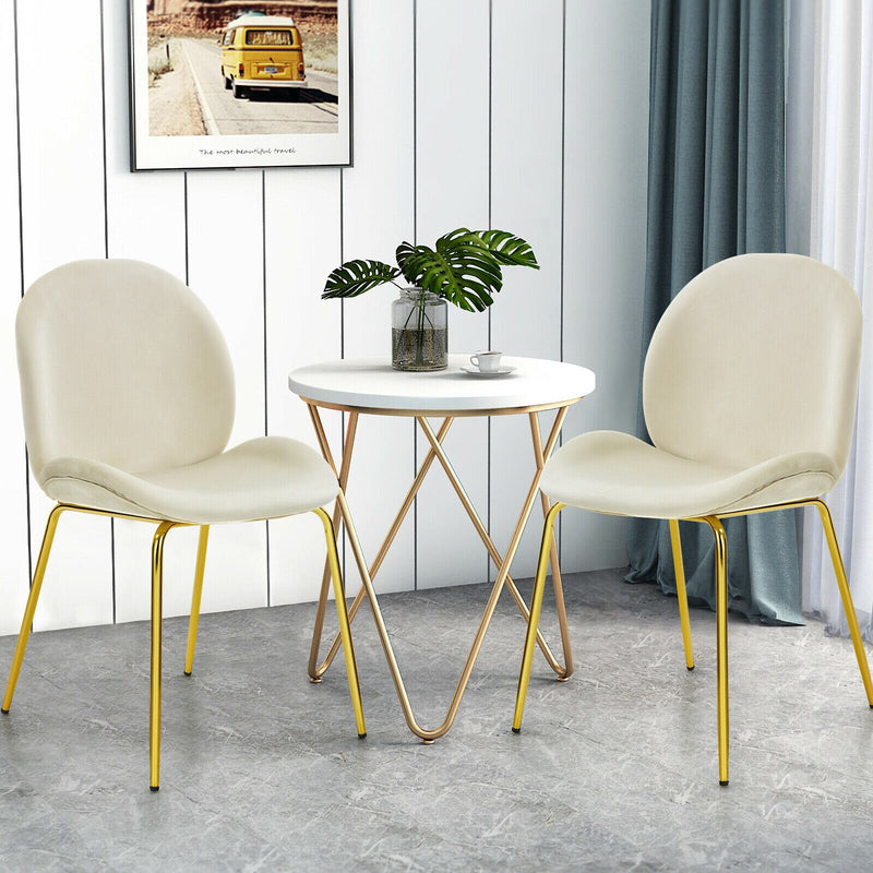 Set of 2 Velvet Accent Chairs Dining Side Chairs w/Gold Metal Legs Beige